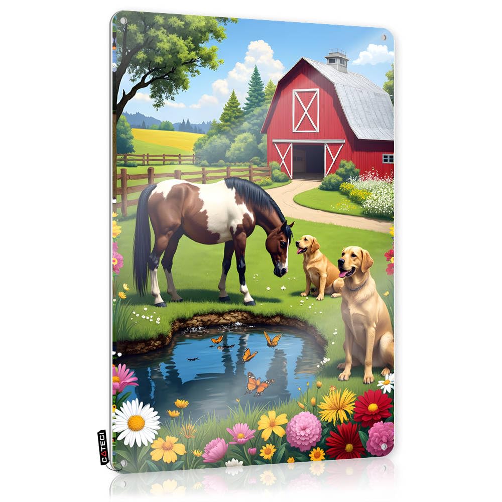 Fzfn Men's Colour Beer Vintage Plaque - A Peaceful Farm Scene With Horse And Dogs By The Pond Rustic Wall Art Soft Bath Easy Hang For Retiret(20X30cm)