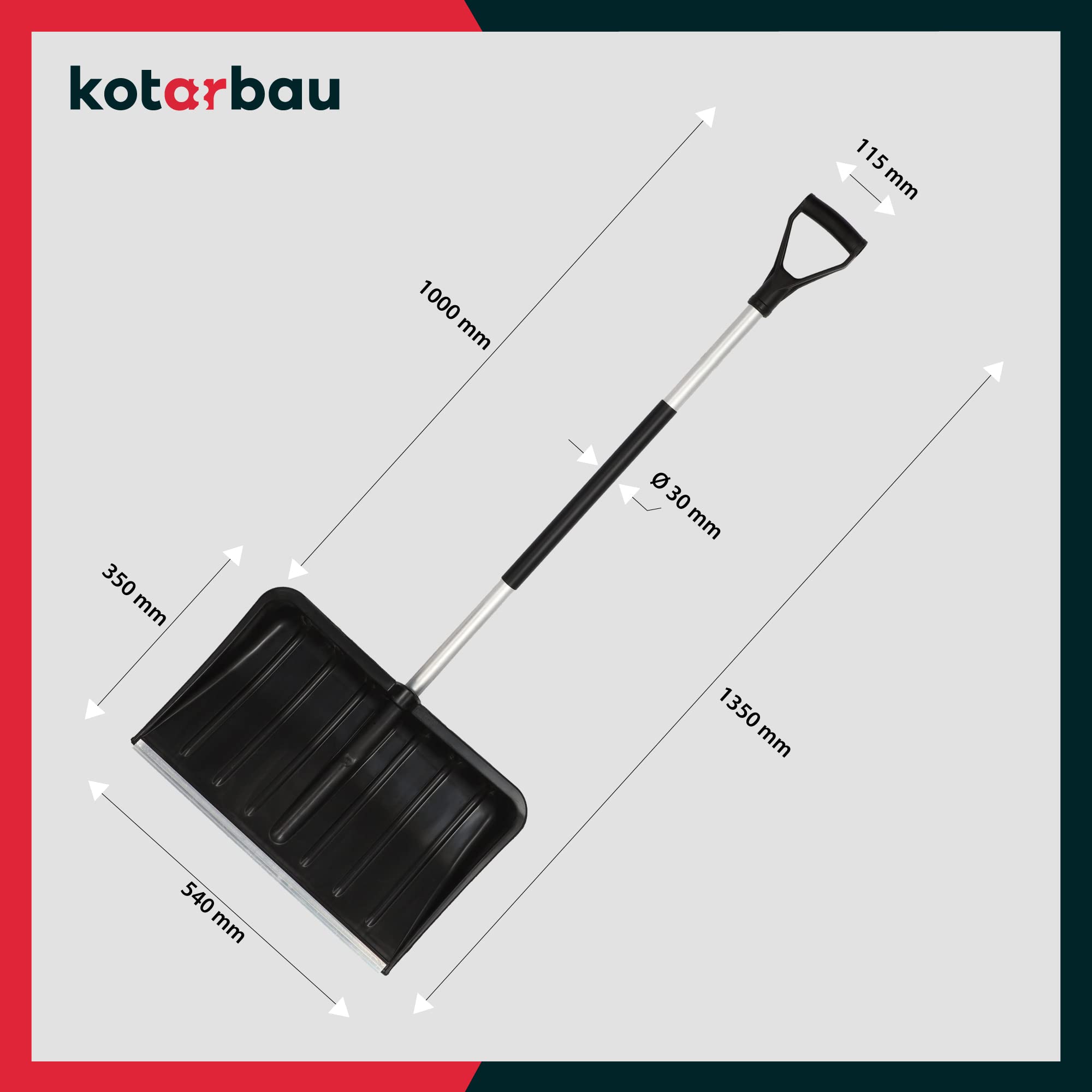 KOTARBAU® Pala da neve 54 cm con manico in alluminio rinforzato in plastica con guarnizione in metallo con manico ergonomico, colore nero, 136 cm
