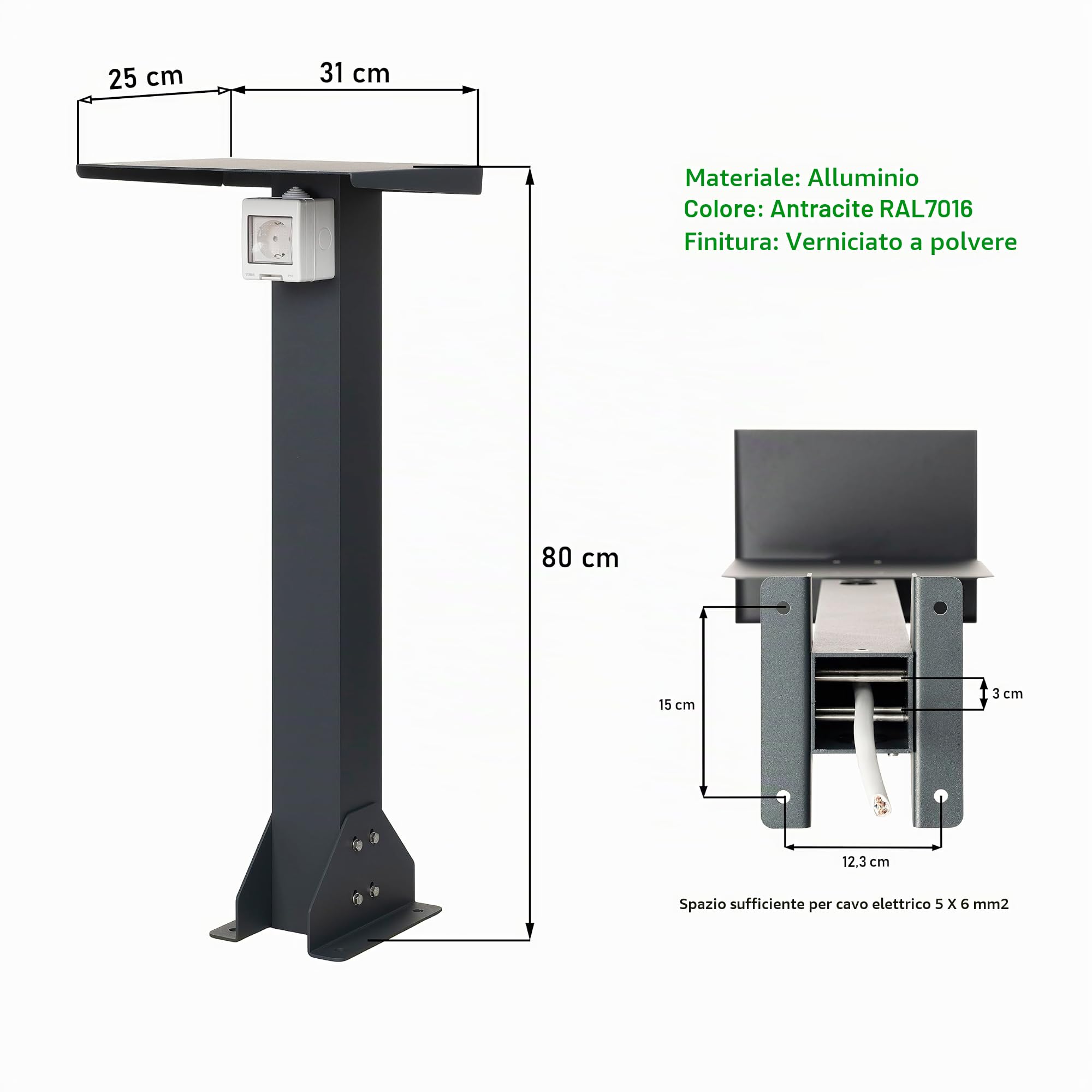 Base in alluminio con presa esterna. Colonna di presa di alta qualità. Presa per esterno con piede (Schuko 1F, 16 A, 3,7 kW)