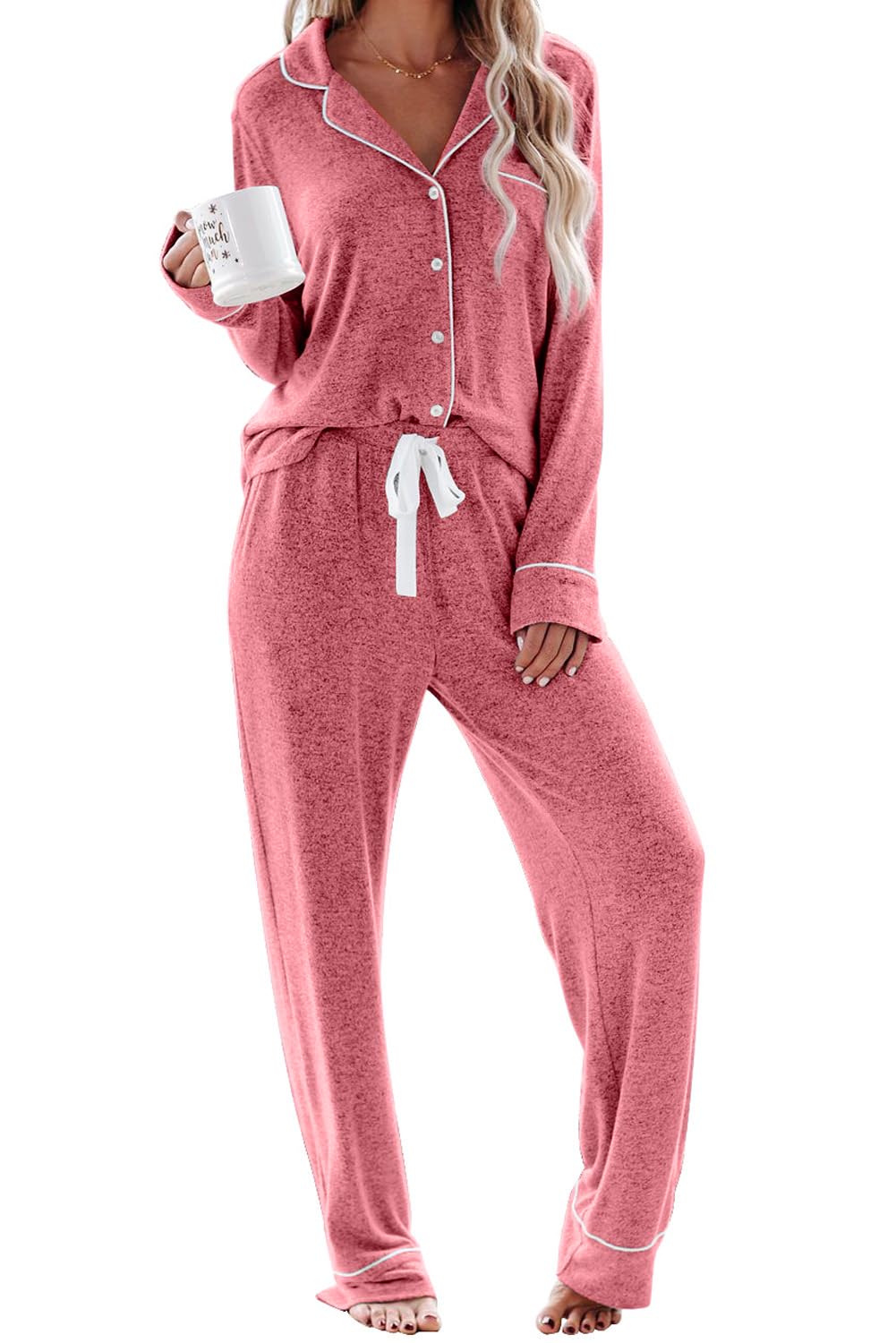 Aamikast Women's Lake Red Pajama Sets Long Sleeve Button Down Sleepwear Nightwear Soft Pjs Lounge Sets, M