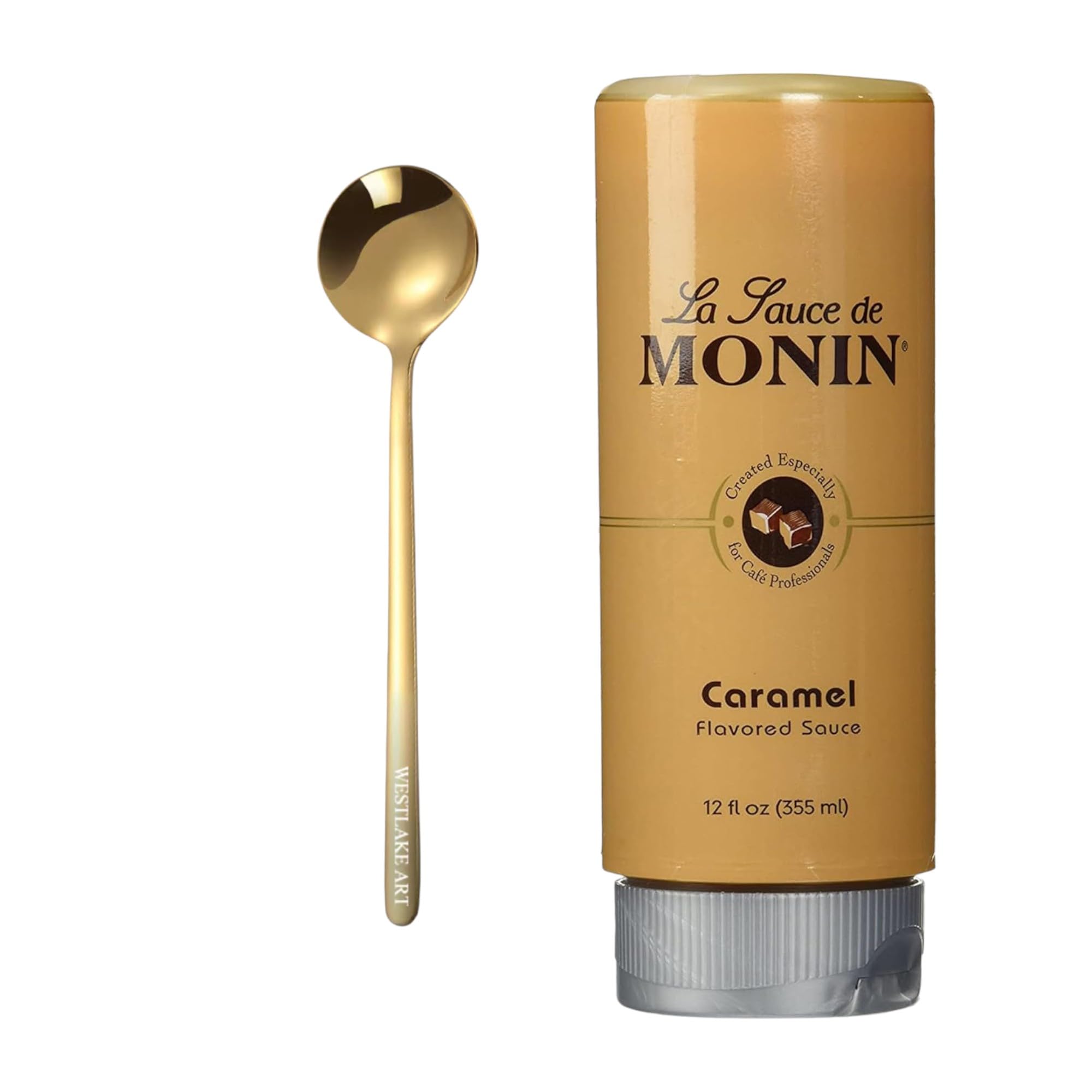 Bundle of Stainless Steel Spoon - 13.5cm - Gold, and - Gourmet Caramel Sauce, Rich and Buttery, Great for Desserts, Coffee, Pack of 1