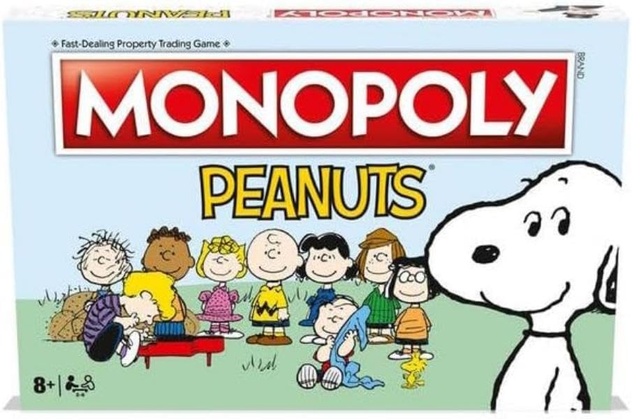 Peanuts Monopoly Board Game, Join Charlie Brown and advance to the Ice Cream Shop, Lucy's Football and Linus's Pumpkin Patch and trade your way to success, great gift for ages 8 plus