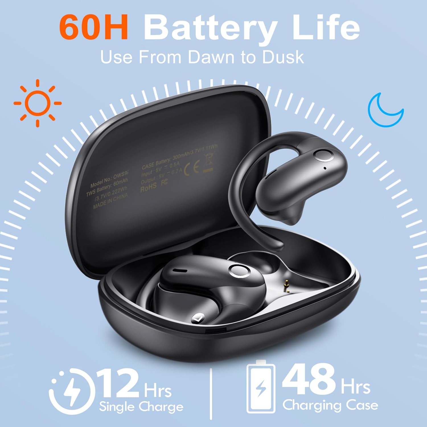 kurdene Wireless Earbuds 5.4 Bluetooth Headphones, Open Ear Buds with Deep Bass Sound, 60Hrs Playtime Earphones Secure Fit for Earhooks for Running, Meeting, Workout-Black image 3