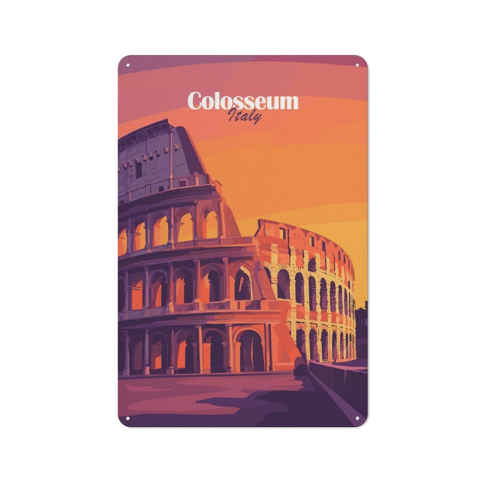 Junmoney Style-12 Metal Plaque 30X20cm With Colosseum Sunset For Pub Or Café, Vintage Decor, For Vintage Wall Decor Fans, For Metal Sign Collectors