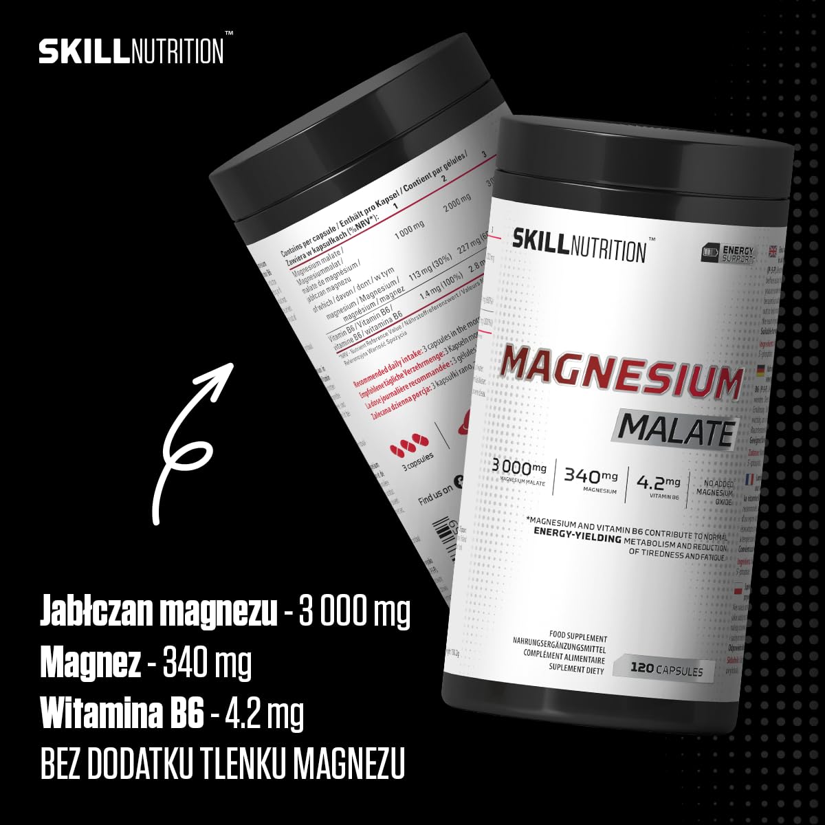 Skill Nutrition Magnesium Malate + Vitamin B6 120 kapsułek | 340 mg magnezu w porcji | 3000 mg jabłczanu magnezu, aktywna B6 P-5-P | Bez tlenku magnezu