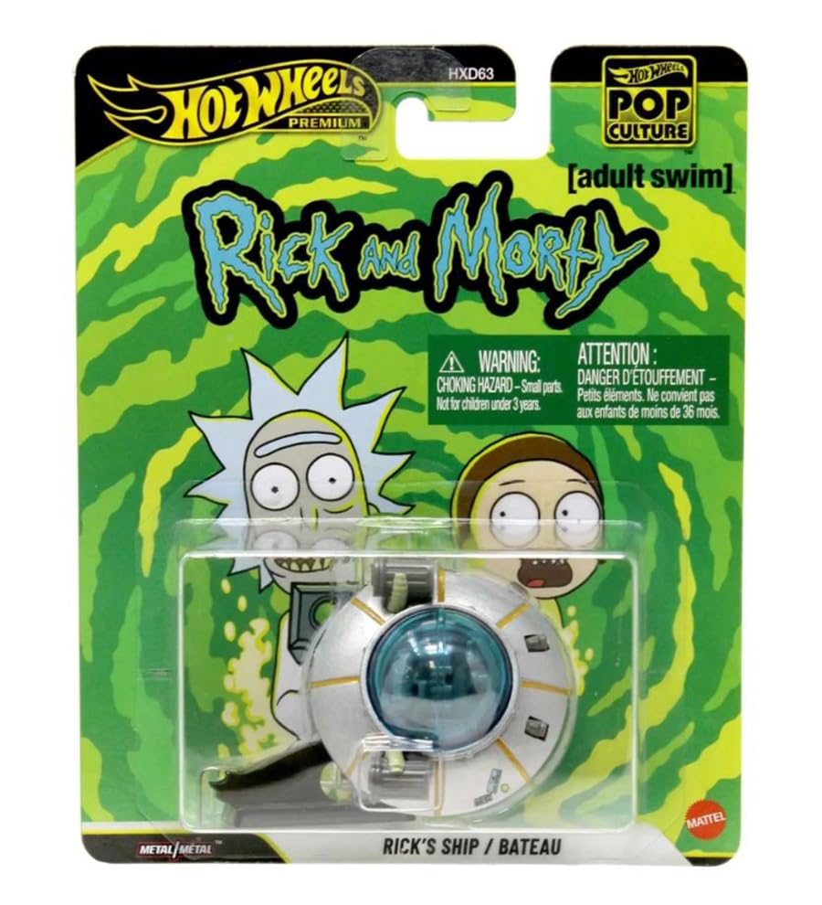 Hot Wheels Premium Pop Culture 2026 Rick and Morty Rick's Ship, Die-Cast Vehicle with Real Riders Wheels and Display Stand