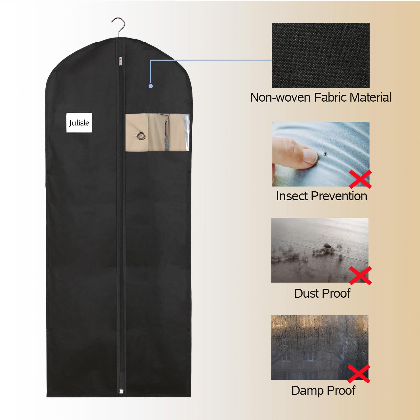 Julisle Long Dress Cover Garment Bag with Zipper & Viewing Window, Black, 24''×60'' - 5pcs - Image 4