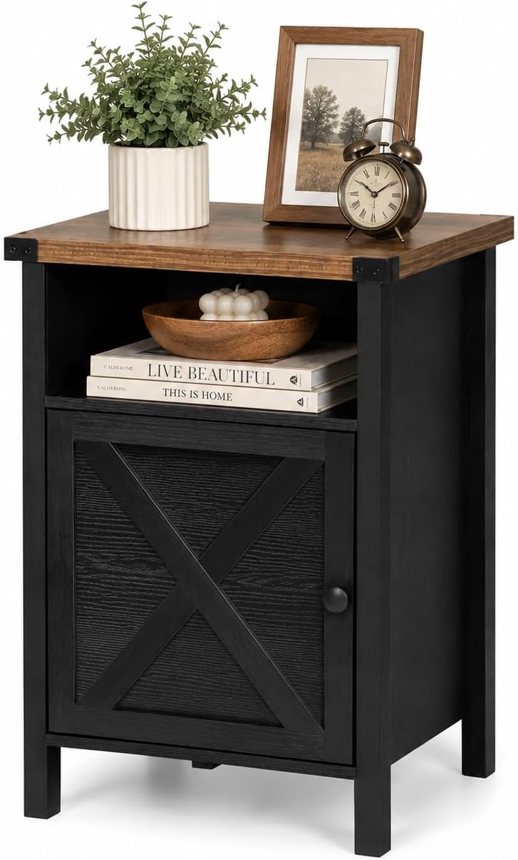Catrimown Farmhouse End Table, Nightstand with Barn Door and Shelf,Black
