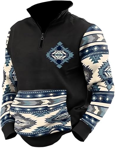Costaric Aztec Cowboy - Sudadera con capucha para hombre, estilo vintage, con estampado del oeste, manga larga, media cremallera, con bolsillo