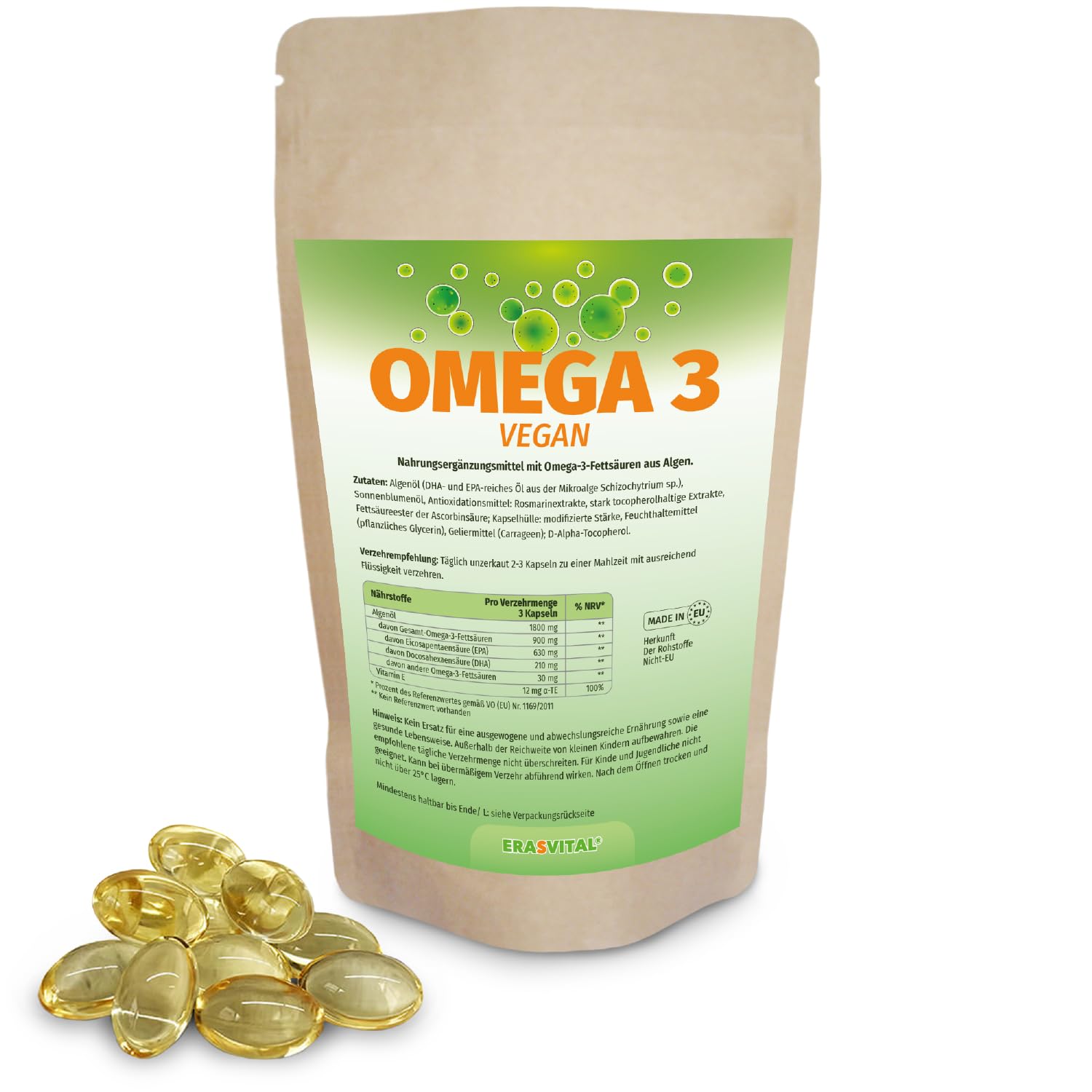 Omega 3 aus reines Algenöl Softgel Kapseln hochdosierte Fettsäuren 630 EPA und 210 DHA + Vitamin E pro Tagesdosis, Vegan (1080 stück (1er Pack))