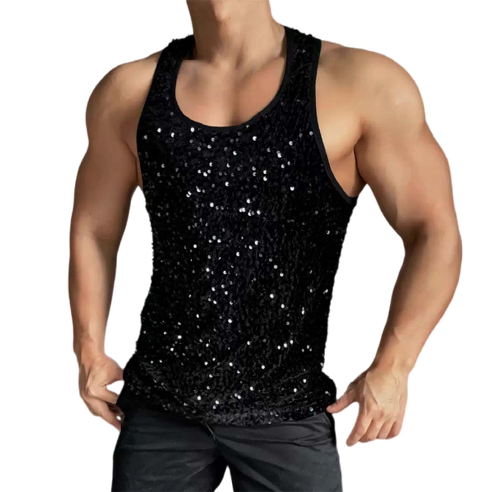 PODOLIXIA Camiseta sin mangas con lentejuelas para hombre, camiseta sin mangas brillante, ropa de fiesta, discoteca, camiseta de estilo urbano, camiseta de cuello redondo, camiseta de verano, informal, camiseta