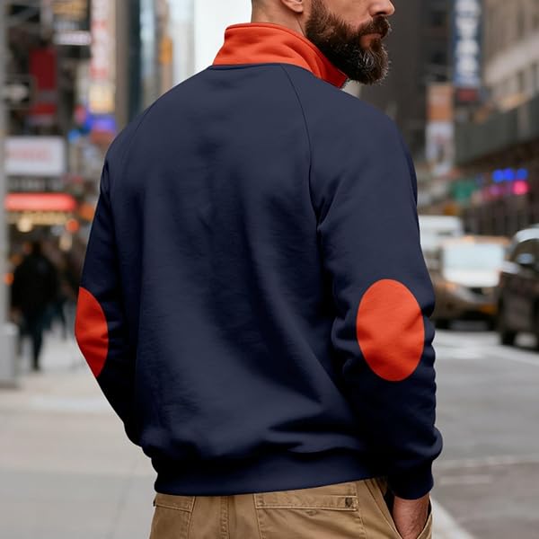 Felpa da uomo con zip a un quarto, con colletto a contrasto e tasche applicate ai gomiti, casual e a maniche lunghe - 4