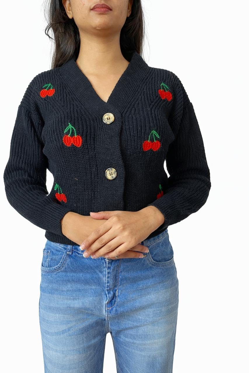 arsmaniere Woollen Cord Set for Women, Black Cardigan with Cherry Embroidery, Winter Wear-picture-26