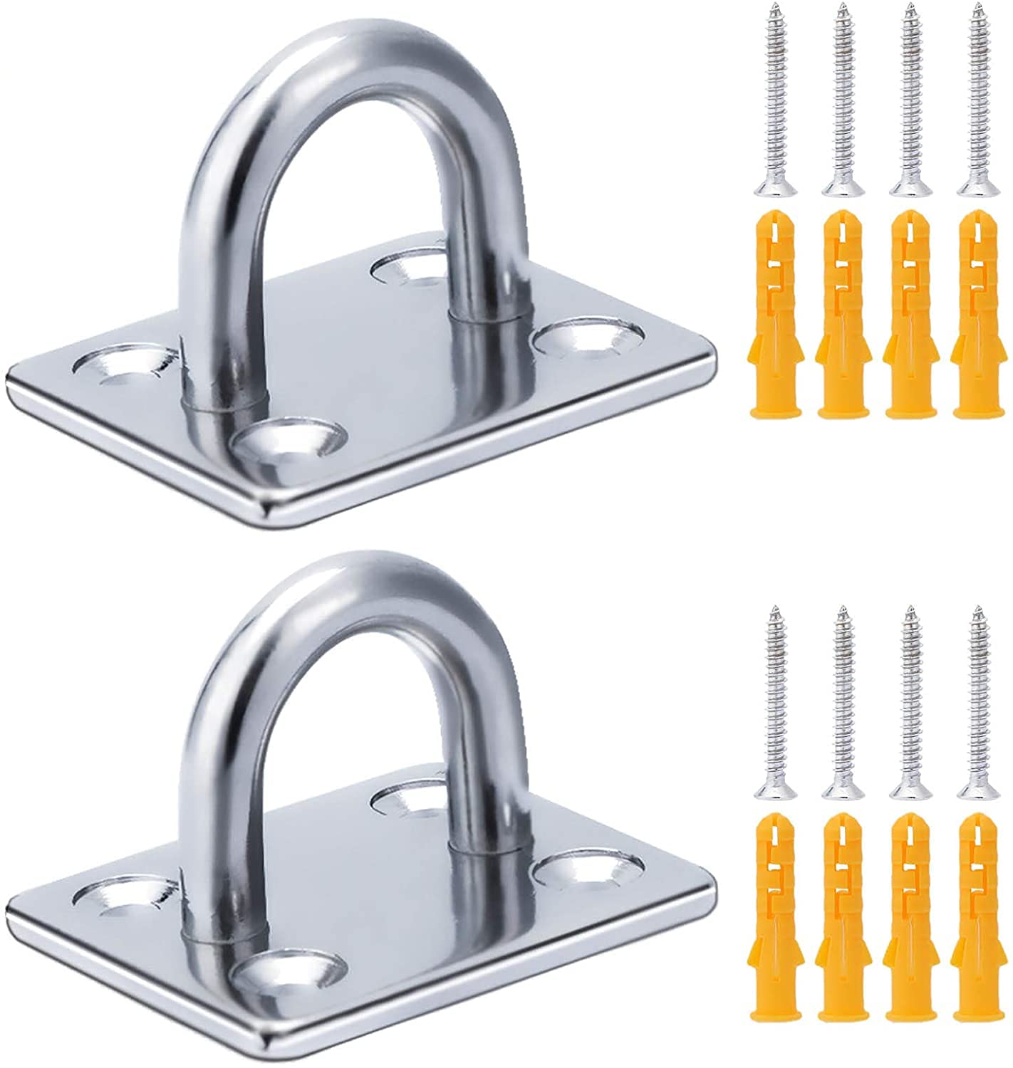 2pcs M6 Eye Plate Marine Hardware Staple Ring Hook Loop Stainless Steel Pad Eye Plate Hooks with 4 Set of Screws and Plastic Plugs for Wall Ceiling Hanging