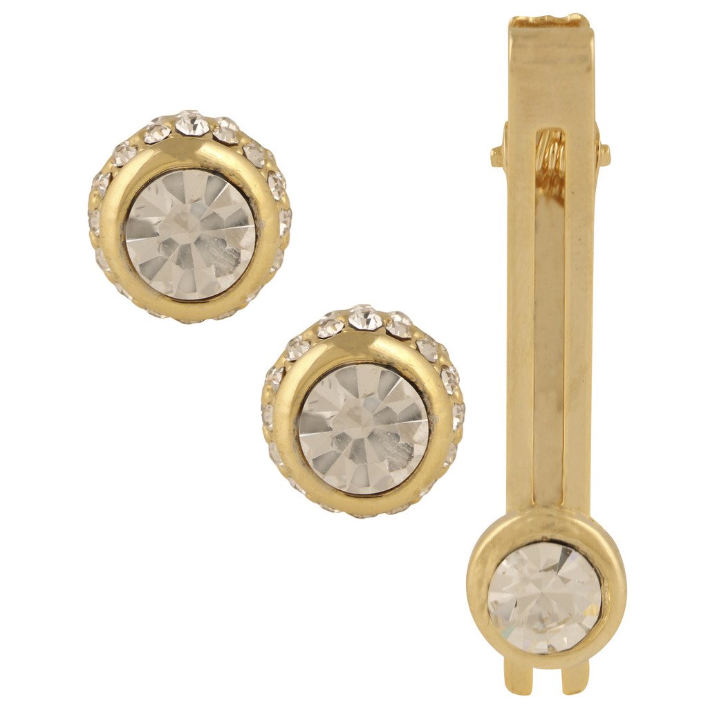 tripin Cufflinks For Men And Tie Pin Set Golden Gold With Diamond Crystal For Office Corporate Party French Cuff Shirts Shirt Suit Blazer In A Gift Box Tsapzgold763-picture-1