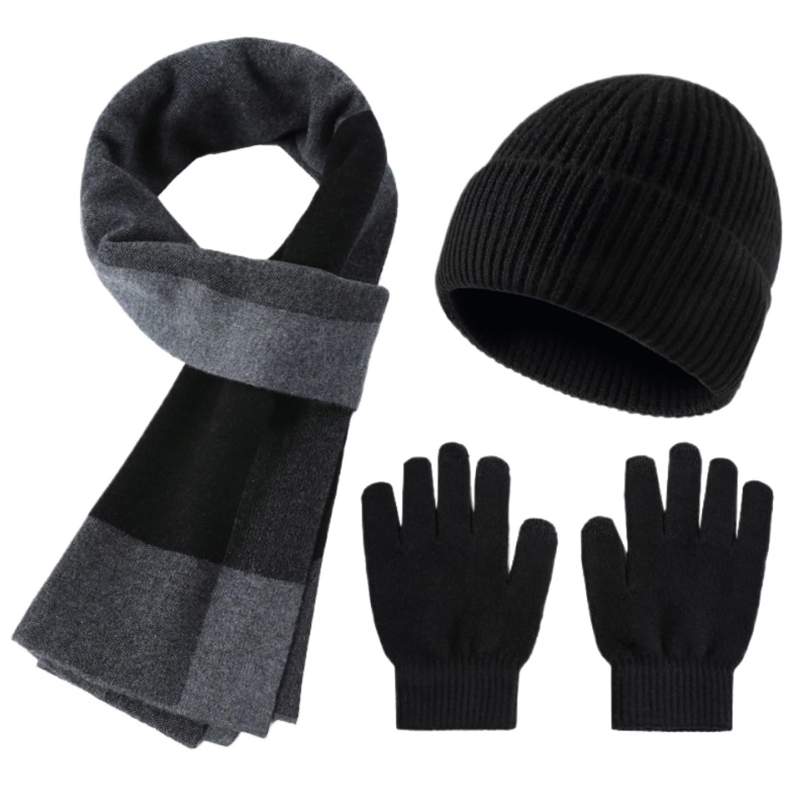 Czapka szalik rękawiczki Męski Zimowy Ciepły Zestaw Czapka Rękawiczki Szalik Sporty Na Świeżym Powietrzu Zestaw(Black)