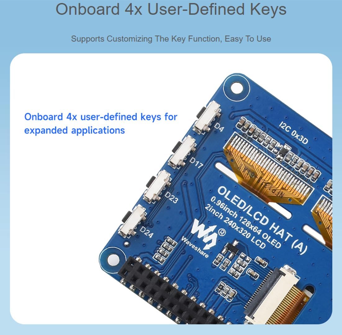 Triple OLED/LCD HAT for Raspberry Pi 5/4B/3B+/3B/Zero W/Zero 2W, Onboard 2inch IPS LCD Main Screen 240x320 SPI Interface and Dual 0.96inch OLED Secondary Screens 128x64 I2C Interface