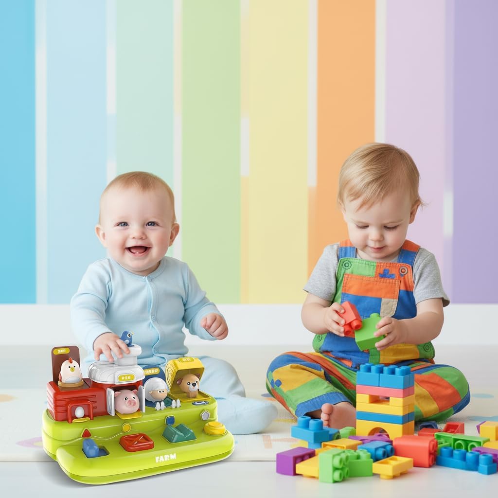 Soft Building Blocks for Toddlers, 20 PCS Stacking STEM Blocks, Baby Pop Up Toy with Music, Cause and Effect Animal Toy for Babies 6-12 Months, Montessori Learning Gift Set