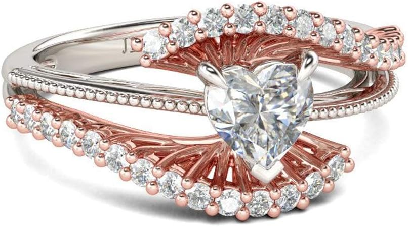 Jeulia Heart Diamond Ring for Women 925 Silver Rose Gold Plated Engagement Rings Two Tone Three Row Bridal Set Solitaire Cubic Zirconia Anniversary Promise Rings with Jewelry Box
