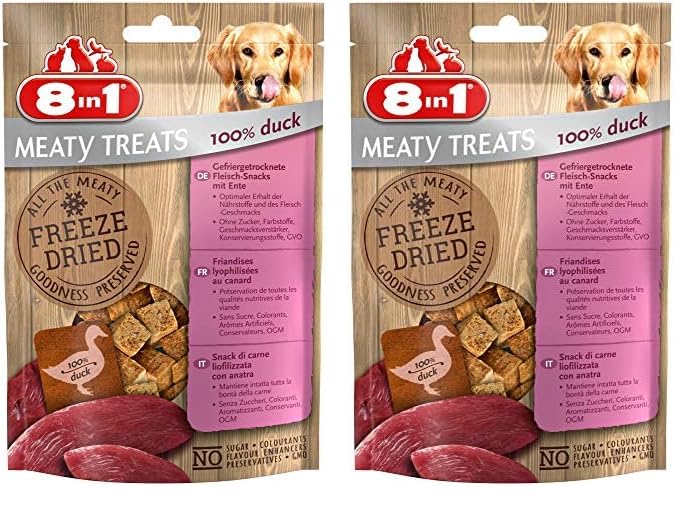 8in1 Meaty Treats, gefriergetrocknete Hunde Leckerlis aus Ente, 100% Fleisch, getreidefrei und ohne Zucker, 50 g Beutel (Packung mit 2)