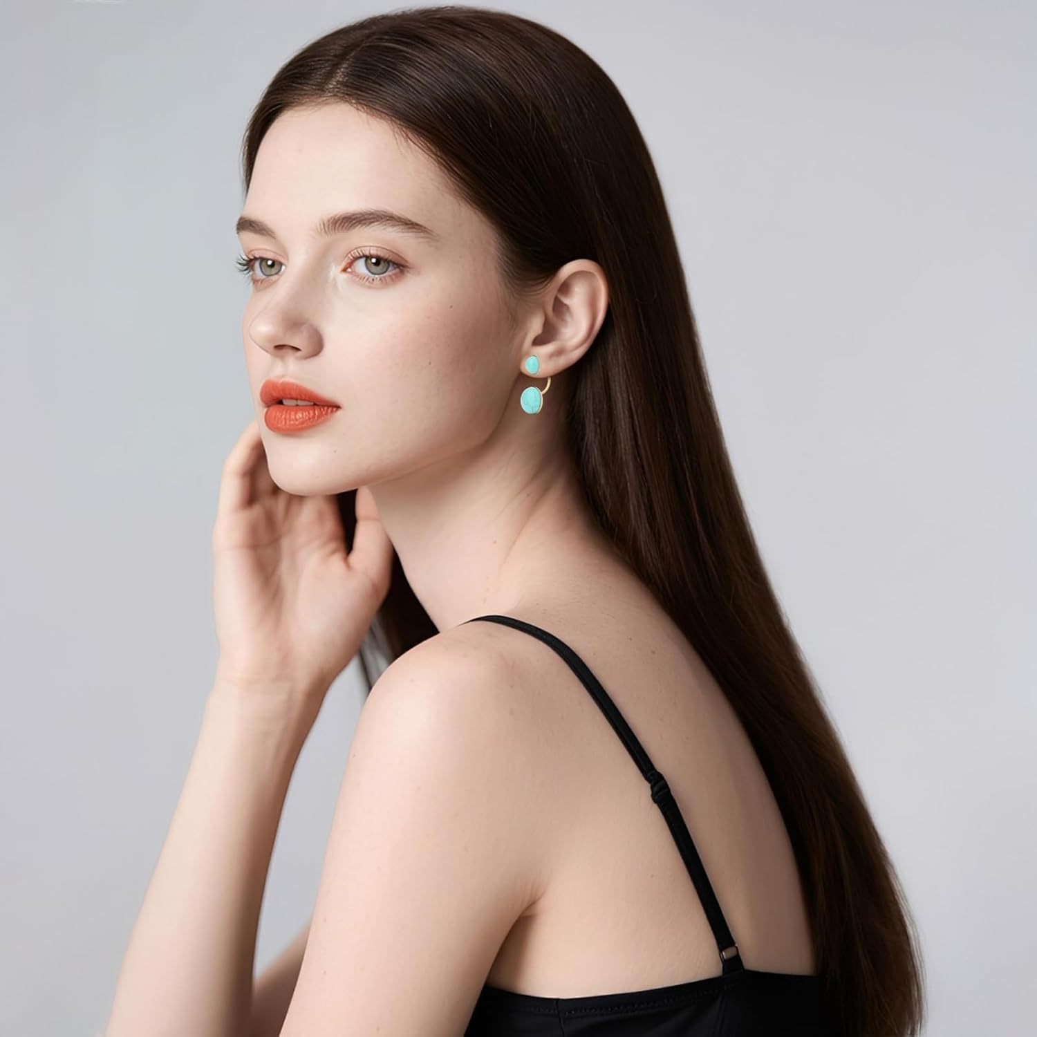 Unique Round-cut Natural Gemstone Earring for Women 18k Real Gold Plated Black Agate Moonstone Turquoise Earring Jewelry Valentine's Day Birthday Gift for Wife Girlfriend Mother - Image 2