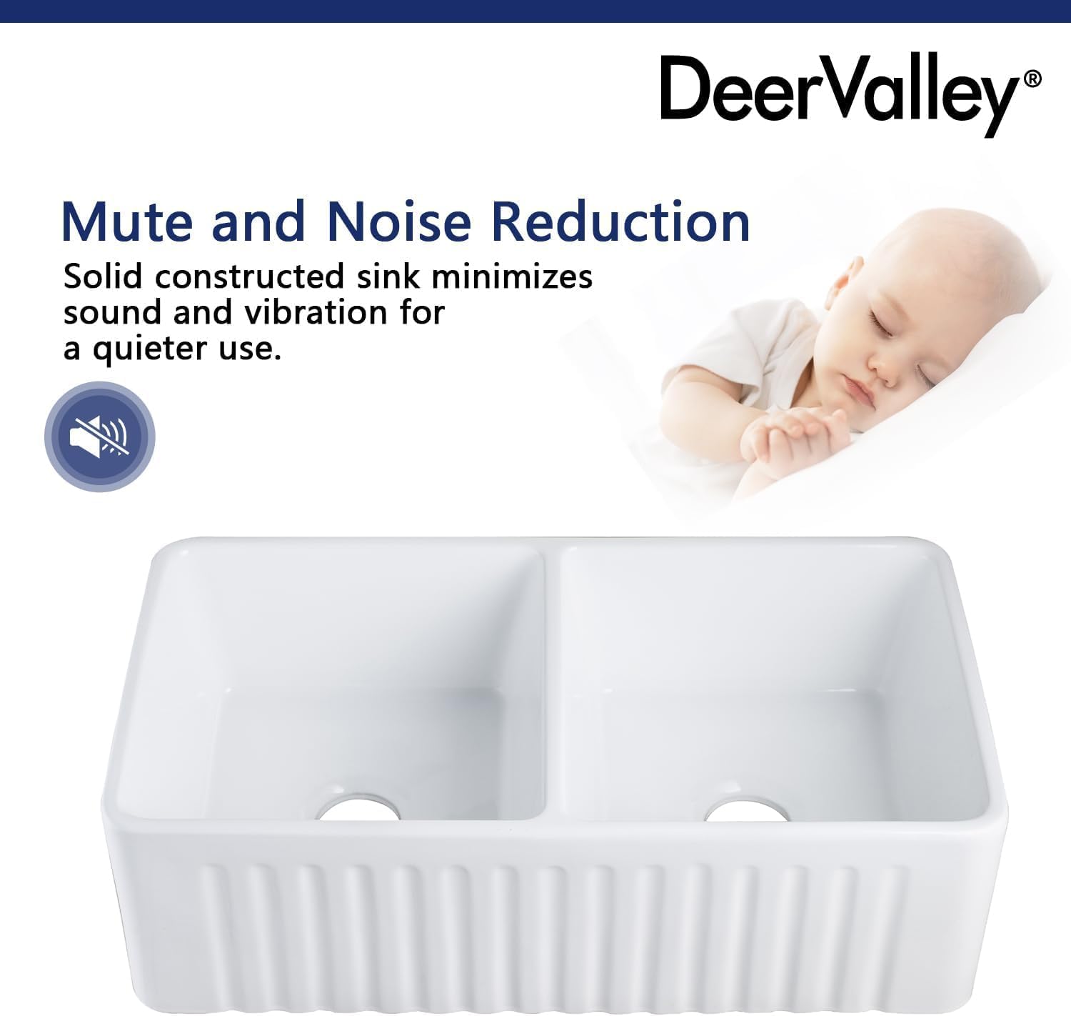 DeerValley Double Bowl Farmhouse Sink 33 inch, Ceramic Apron Front White Farm Sink, Deep Drop-in Fireclay Undermount Reversible Sinks with Grid & Strainer