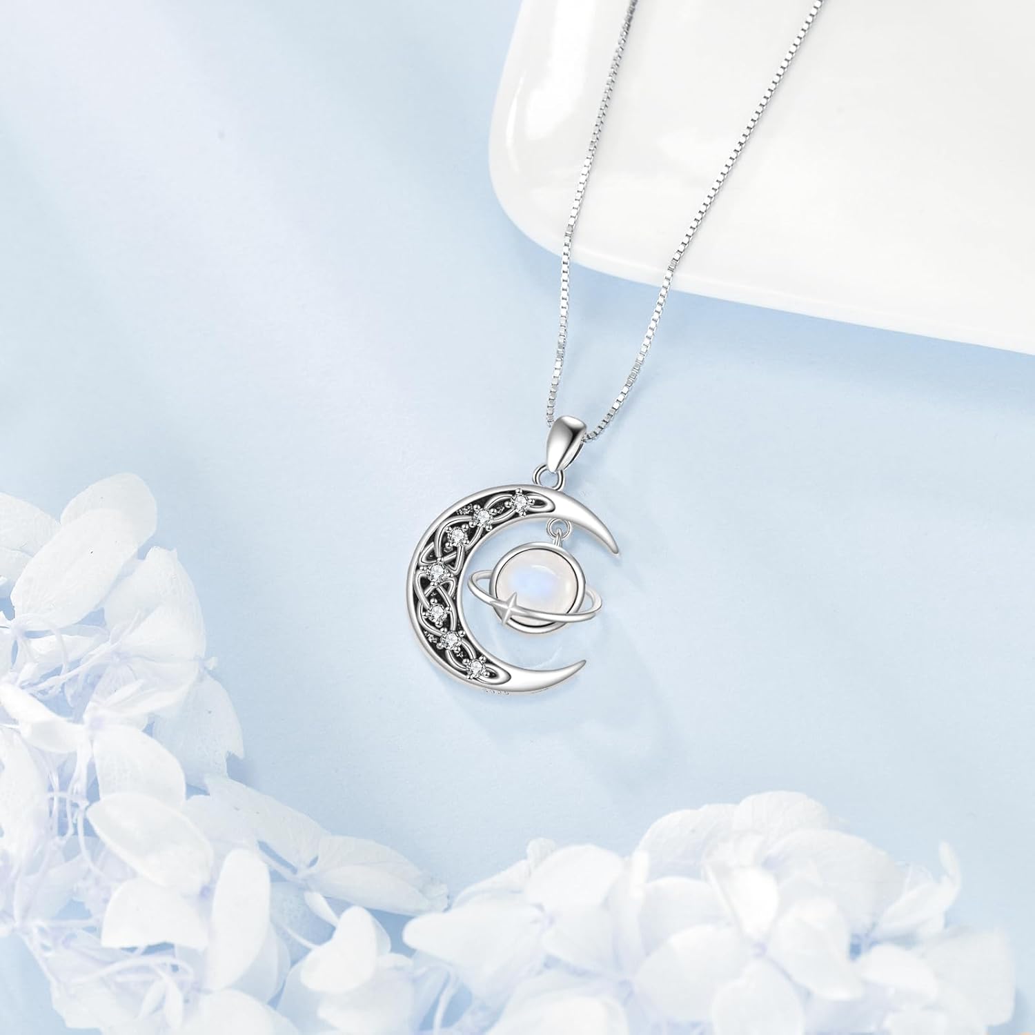 Celtic Knot Crescent Moon and Planet Necklace, 925 Sterling Silver Natural Moonstone Pendant, Mystical Celestial Jewelry Gift for Women - Image 3