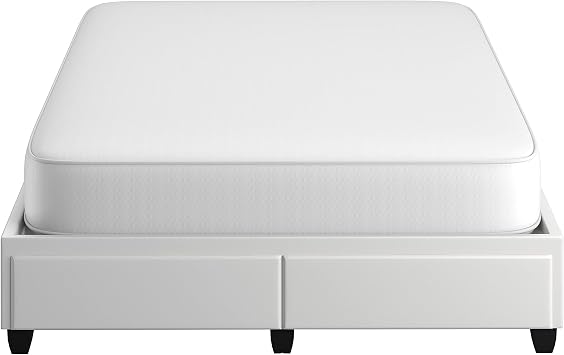Boyd Sleep Parma Platform Bed with Two Storage Drawers Modern Design: Space Saving Storage No Box Spring Needed, Faux Leather, White, Queen