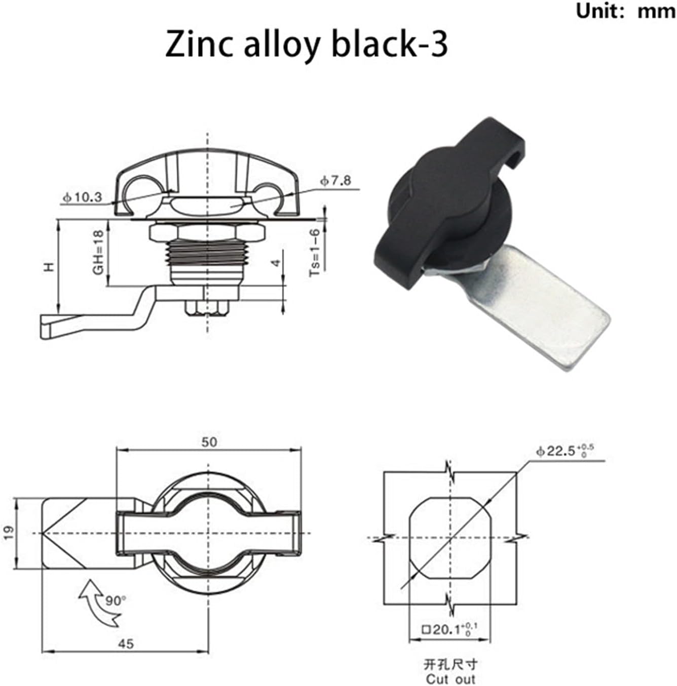 Zinc Alloy Tongue Lock Commercial Cabinet Equipment Cylindrical Industrial Distribution Box Switch Door 1Pcs(Zinc Alloy Black-3)