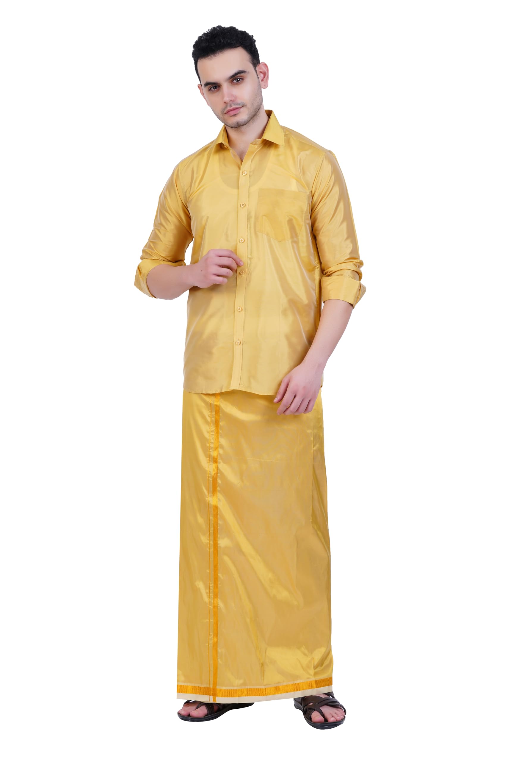 Prakasam Cotton-Mens Art Silk Wedding Set/Art Silk 8 Mulam (8-Yard) Dhoti And Stitched Full Sleeve Shirt