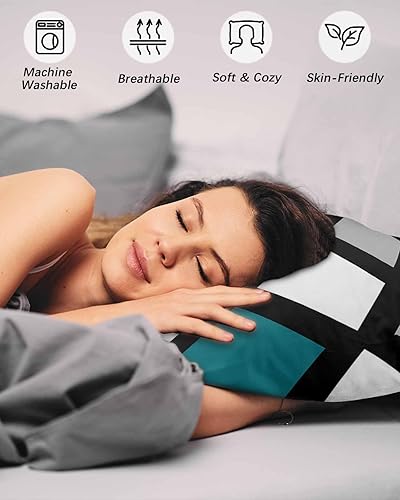 Miniatura 4 de Teal Black Gemetric Pillow Covers Queen Size Set of 2 20x30 Bed Pillow, Gray Abstract Art Middle Century Plush Soft Comfort for Hair Skin Cooling