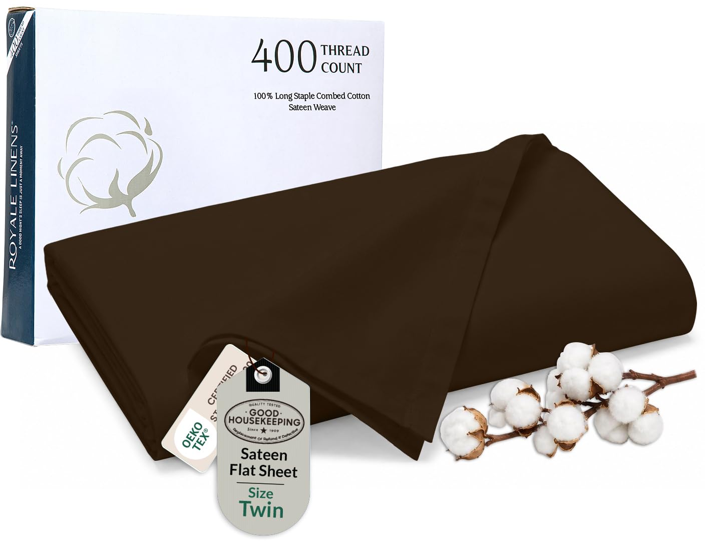 Royale Linens Twin Flat Sheet Only, Luxury Breathable Sateen Weave 100% Cotton Flat Sheets, Ultra Soft Single Flat Sheets Only Sold Separately, Cooling Top Sheet (Hazel Nut-66x96)