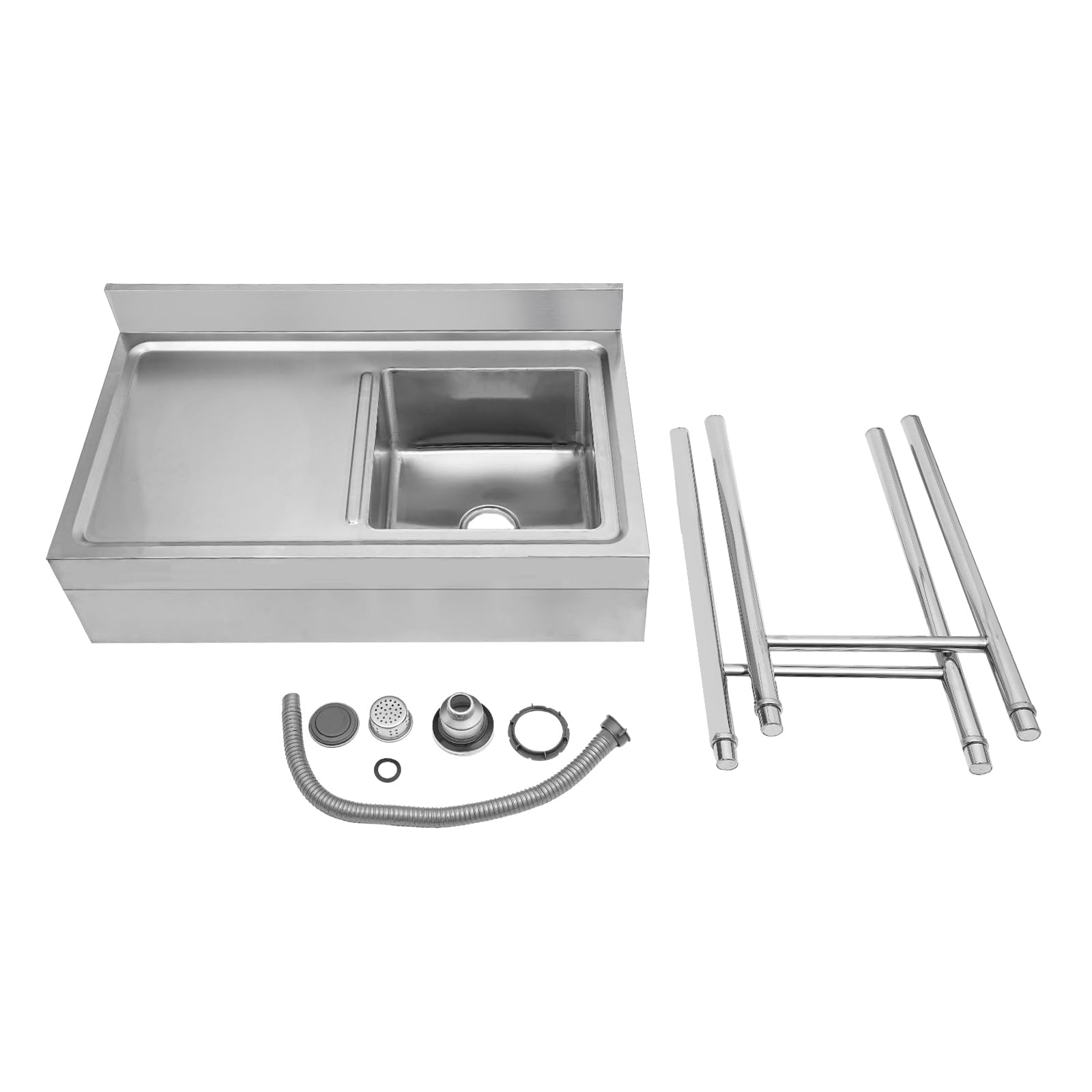 Lavabo da cucina indipendente, piano di lavoro in acciaio inox con 2 vasche senza rubinetto, scaffale a tre livelli, 100 x 50 x 80 cm