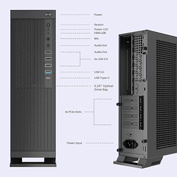 Enterprise Slim Office Business PC Case, Slimline SFF Micro ATX/Micro ITX Case, With 300W SFX PSU, USB 3.0, USB-C, Memory Card Reader, Black