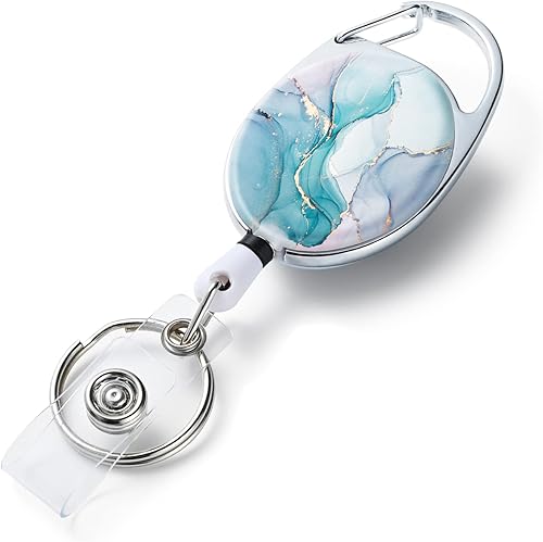 Carretes retráctiles de doble cara con estampado de color con llavero retráctil y clip, cuerda de nailon duradera, mármol verde