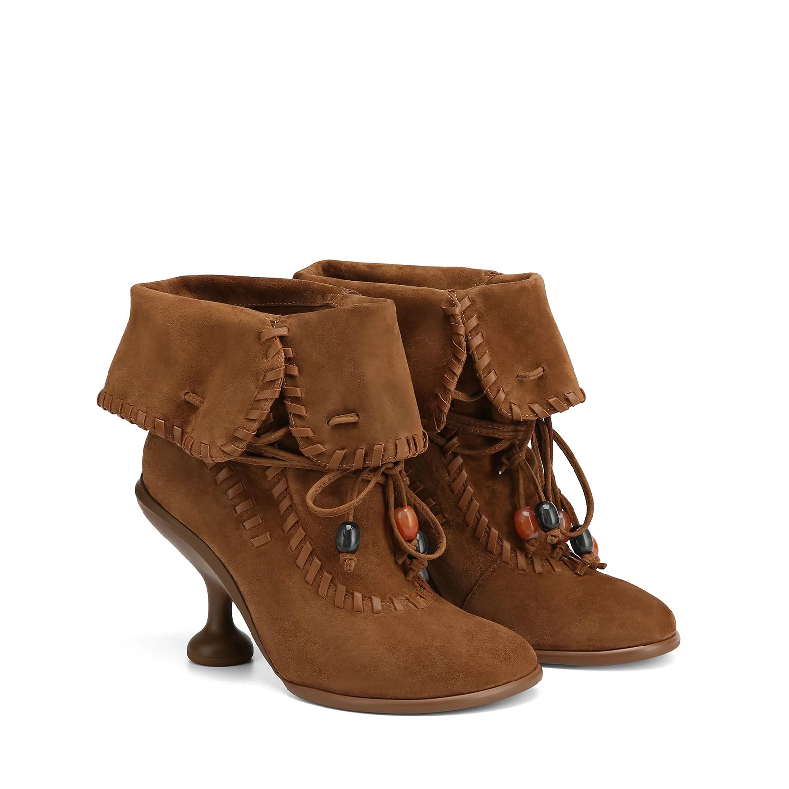 Fall Brown Ankle Boots for Women Suede Fold Over Booties with Round Toe Dress Short Boots High Heel