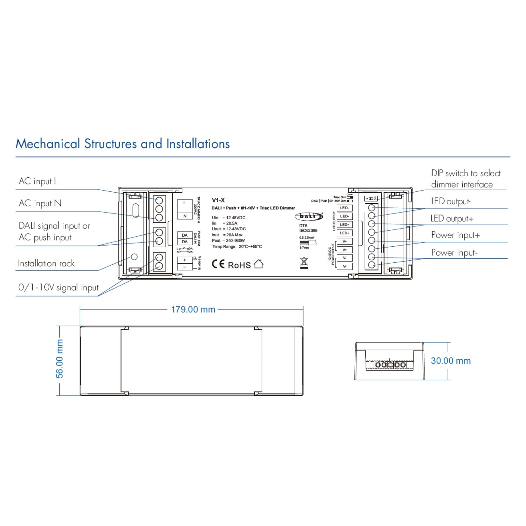 Sterownik ściemniacza LED, DALI-2 Triac AC Push DIM 0/1-10V Przycisk NO, 12 24V 36V 48V 20A, do jednobarwnego paska LED, 179 x 56 x 30 mm