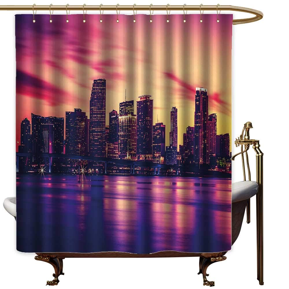Qenuanmpo Shower Curtain Hooks United States,View of Miami at Sunset Building Urban Modern City Life Ocean Skyline,Purple Pink Peach,Hand Drawing Effect Fabric Shower Curtains 70"x70"