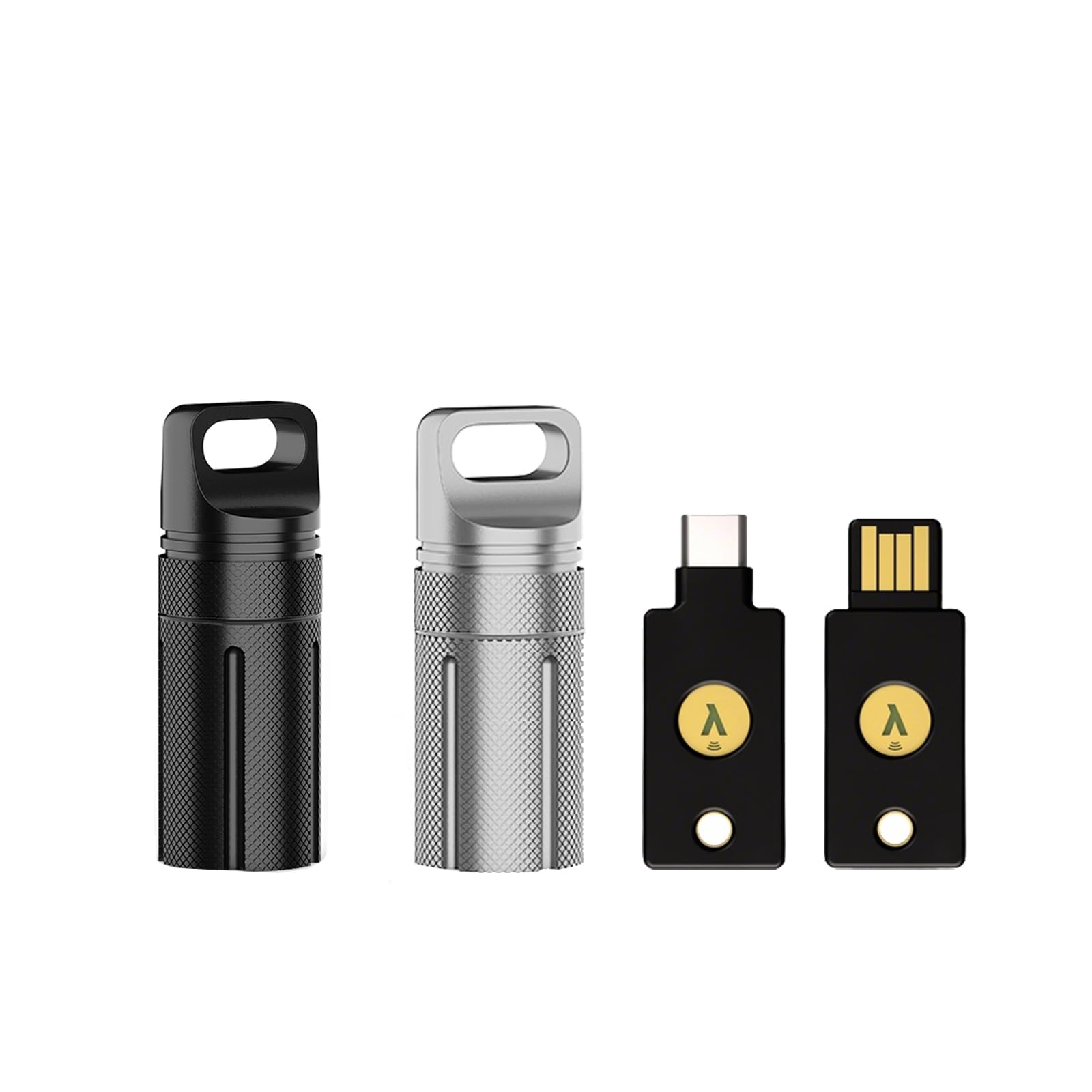 2 custodie protettive portatili sicure, completamente compatibili con YubiKey 5/5C NFC | Custodia di sicurezza impermeabile e antiurto per criptovaluta fredda (nero + argento)