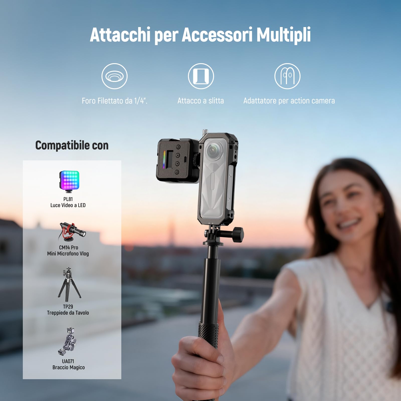 NEEWER Gabbia Fotografica per Insta360 X5, Custodia Protettiva, Telaio Lega Alluminio per Video Rig con Sgancio Rapido, Adattatore Montaggio, Filettature 1/4", Paraluce, Accessori per Action Camera