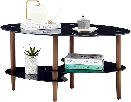 Miniatura 1 de CANJUXK Mesa de té de vidrio con forma ovalada para oficina, mesas de patas de madera de roble, mesa de centro moderna de 3 niveles, mesa auxiliar