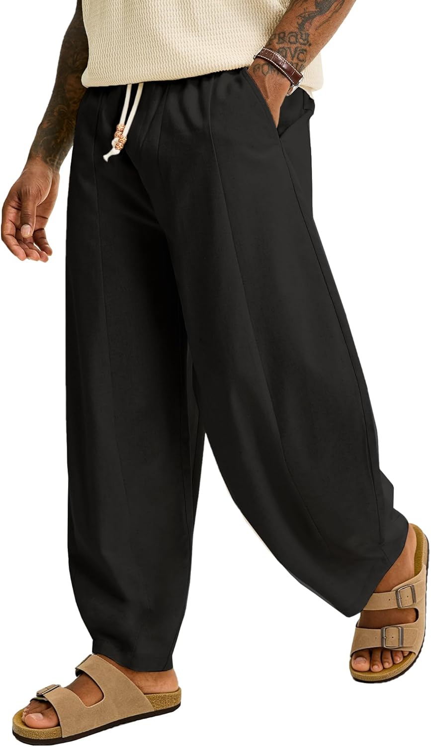 JEMLDL Men's Baggy Cotton Linen Pants Pleated Barrel Leg Trousers Drawstring Summer Beach Casual Pants - Image 3