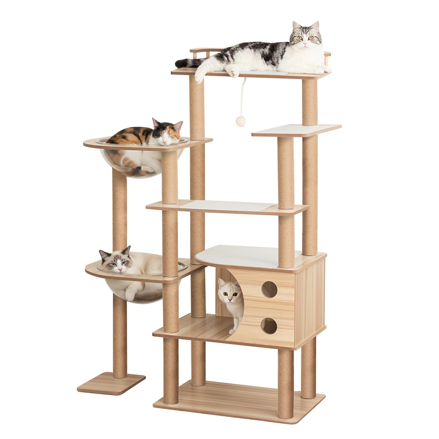 PETTIFUL キャットタワー 木製 据え置き 多頭飼い おしゃれ シニア 大型猫 宇宙船 【滑り止めマット付き】 クリアボウル 木目 インテリア性 大型 省スペース 成猫 子猫 中型猫 安定性高い 上下しやすい 木登り どっしり インテリアに馴染み インテリア性高い 天然木目 大型猫 麻紐 壁際ぴったり コーナー 空間節約 多機能