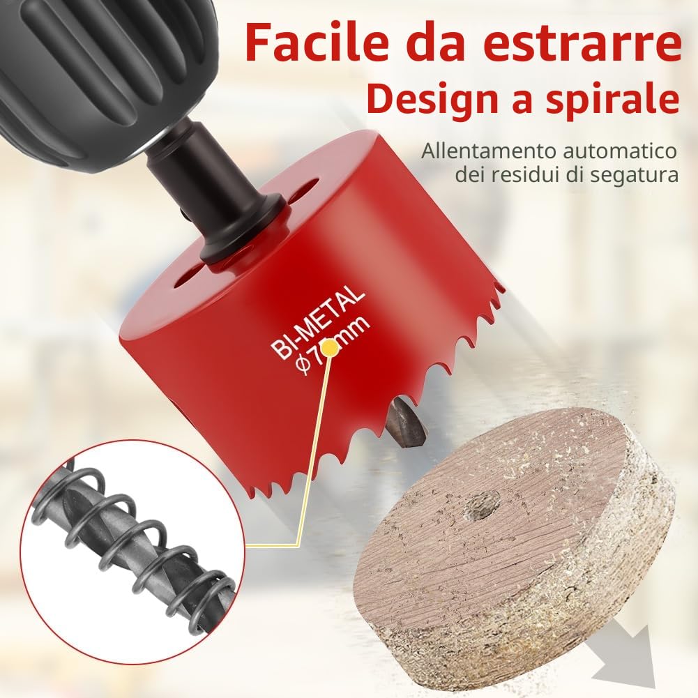 Flintronic Seghe a Tazza Bimetallica, Kit 13 PZ Ø18-75mm, con Adattatore Esagonale e Punta di Centraggio, Per Forare Plastica, PVC, Legno, Fibra di Legno, Metallo Dolce
