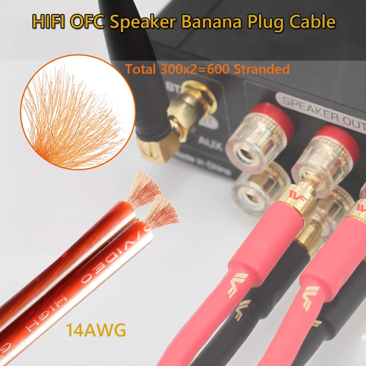 UCINNOVATE 2 cavi per altoparlante audiofilo, 2 x 4 m di fascia alta in puro rame HiFi OFC con spina a banana dorata, 4 m 600 fili 14 AWG cavo audio per altoparlante HiFi Home Theater 13,12 FT