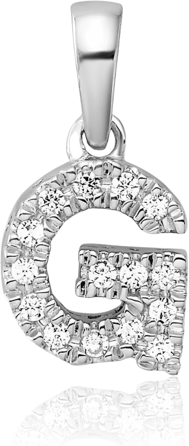 IceCarats 14K Solid White Gold 0.08 carat Diamond Small Letter G Initial Pendant Necklace 13mm 1/2 inch Round Cut, Natural, Prong Set For Her