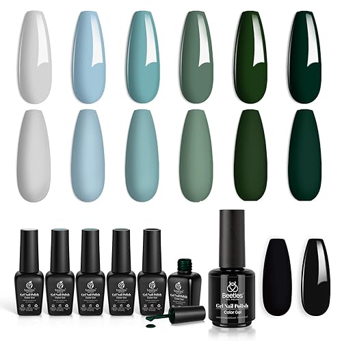 Beetles - Juego de esmaltes de uñas de gel azul y verde, 6 colores, gris brumoso, verde oscuro, kit de esmalte de uñas de gel azul bebé y esmalte de
