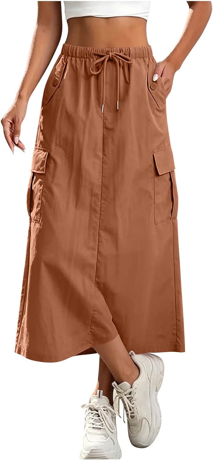 Womens Cargo Skirt High Waisted Drawstring Quick Dry Maxi Skirt Fashion Slit A Line Long Skirts Summer Skirts