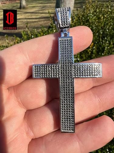 925 Sterling Silver Big Iced Cross Pendant 2.5Ct Moissanite Pass Diamond Tester (Width: 2.5” (2.53Ct), White Gold) #TOP5