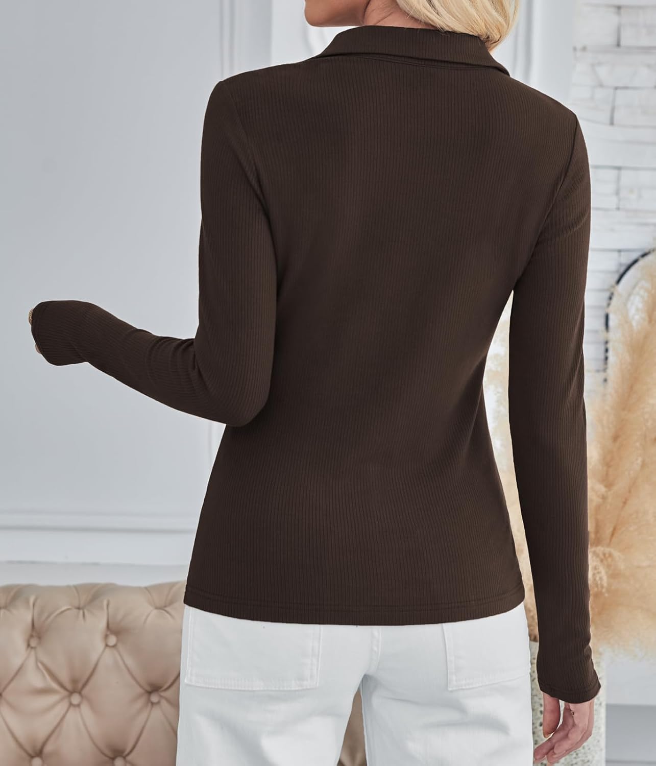 BAISHENGGT Womens Polo Shirts Long Sleeve Business Casual Basic Tops V Neck Ribbed Knit Sweater Slim Fitted Work Blouses - Image 2